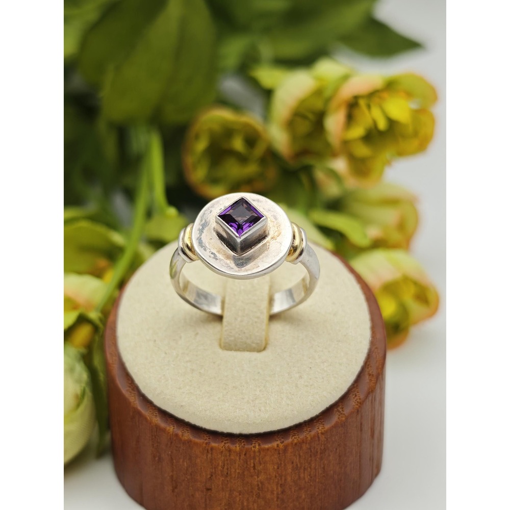 Handmade Artisan Amethyst Sterling Silver 18K Gold Ring Womens 9 Purple Boho